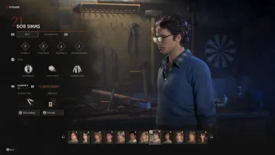 Bob Simms on the Halloween The Game roster screen with the highest Capability pip seen on this page at 9 and a Resourcefulness rating of 3