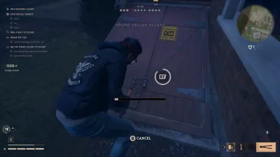A Civilian crouched over a chained Tornado Shelter hatch prying open a storm cellar escape route in the Haddonfield suburbs