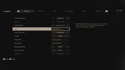 Halloween The Game PC graphics settings menu with the VSync option highlighted beside its built-in description of monitor refresh rate syncing
