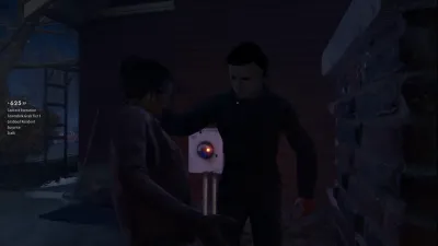Masked Michael Myers in dark coveralls seizing a Haddonfield resident against a brick wall as Context Execution and Grabbed Resident XP rewards fill the left of the HUD