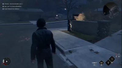 Michael Myers walking toward a suburban boundary wall while the Escape Haddonfield and Escape Through the Cornfield objectives and a Bloodthirst level tracker appear on the left of the screen