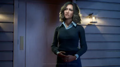 Laurie Strode standing outside a Haddonfield house in official Halloween: The Game character artwork