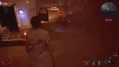 A red-lit Halloween: The Game scene beside police van 9329 showing the longest XP breakdown captured here, +725 XP across eight named kill-quality awards