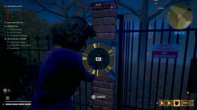 The escape-gate fuse box frozen mid skill check beside the PRIVATE PROPERTY NO TRESPASSING perimeter gate