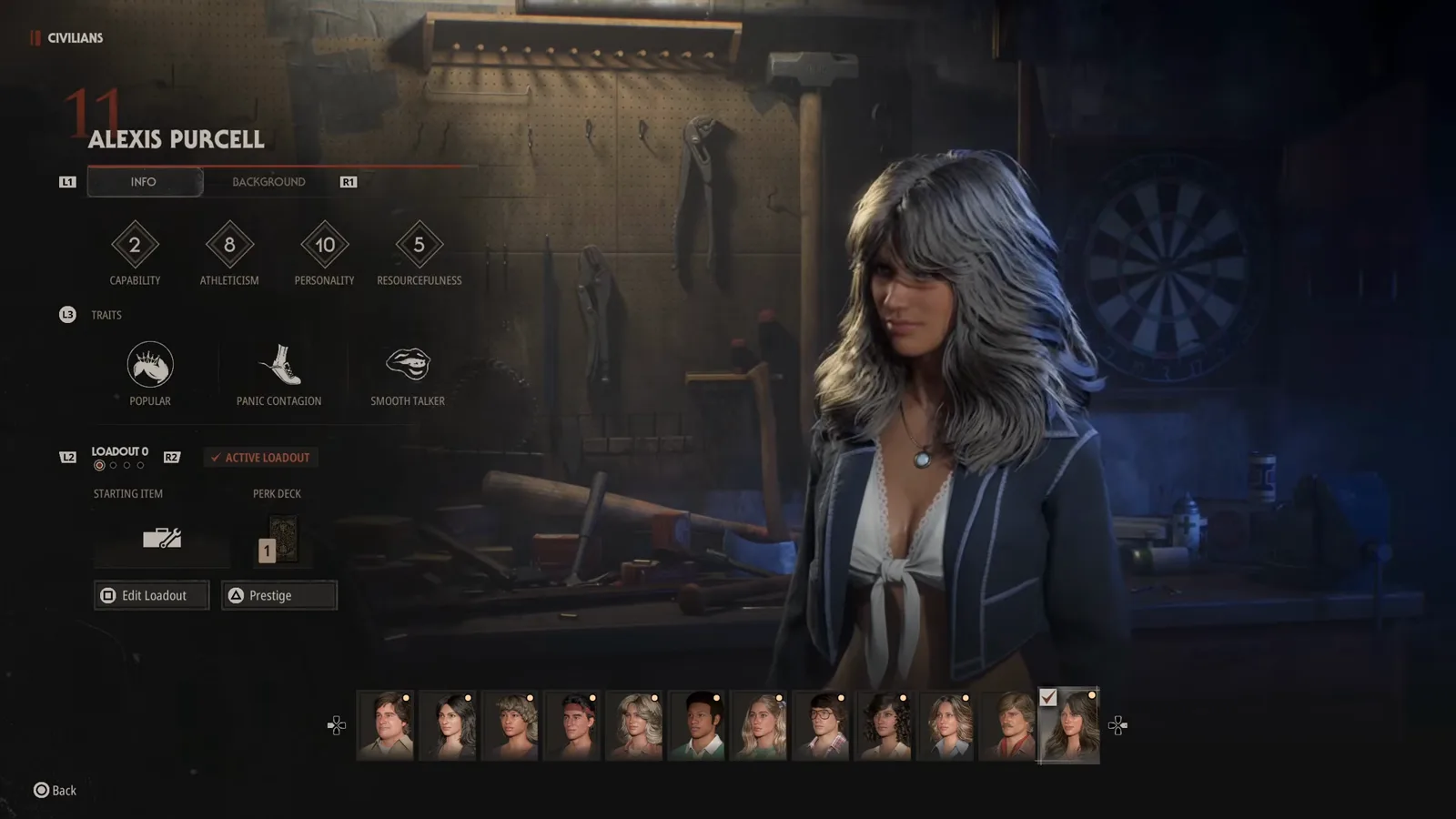 Alexis Purcell info page in Halloween The Game showing Personality 10 and Capability 2 with the Popular, Panic Contagion and Smooth Talker traits