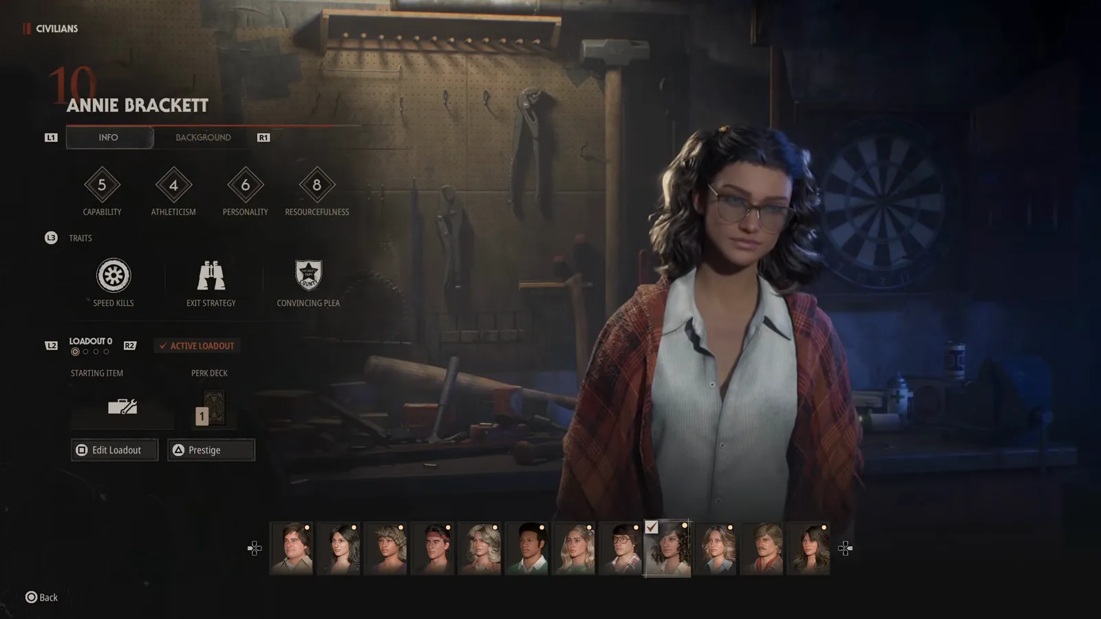 Annie Brackett's Civilian screen in Halloween The Game, Resourcefulness 8 as her standout rating, with Speed Kills, Exit Strategy and Convincing Plea listed as her traits