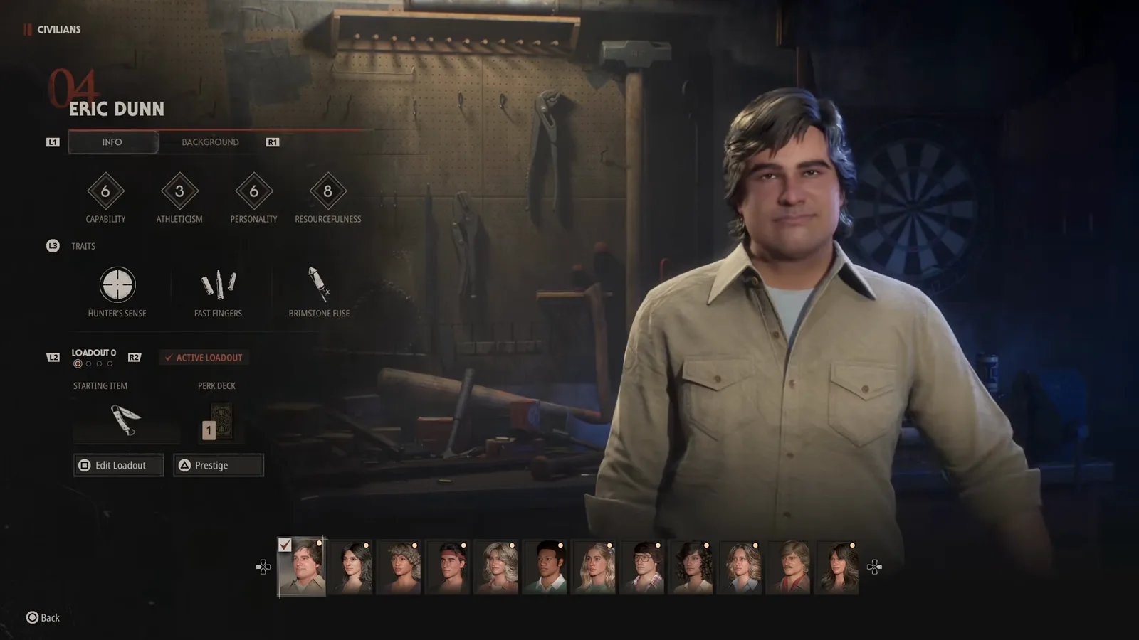 Halloween The Game character select screen for Eric Dunn with his Capability 6 and Athleticism 3 ratings shown as diamonds beside the Hunter's Sense, Fast Fingers and Brimstone Fuse traits