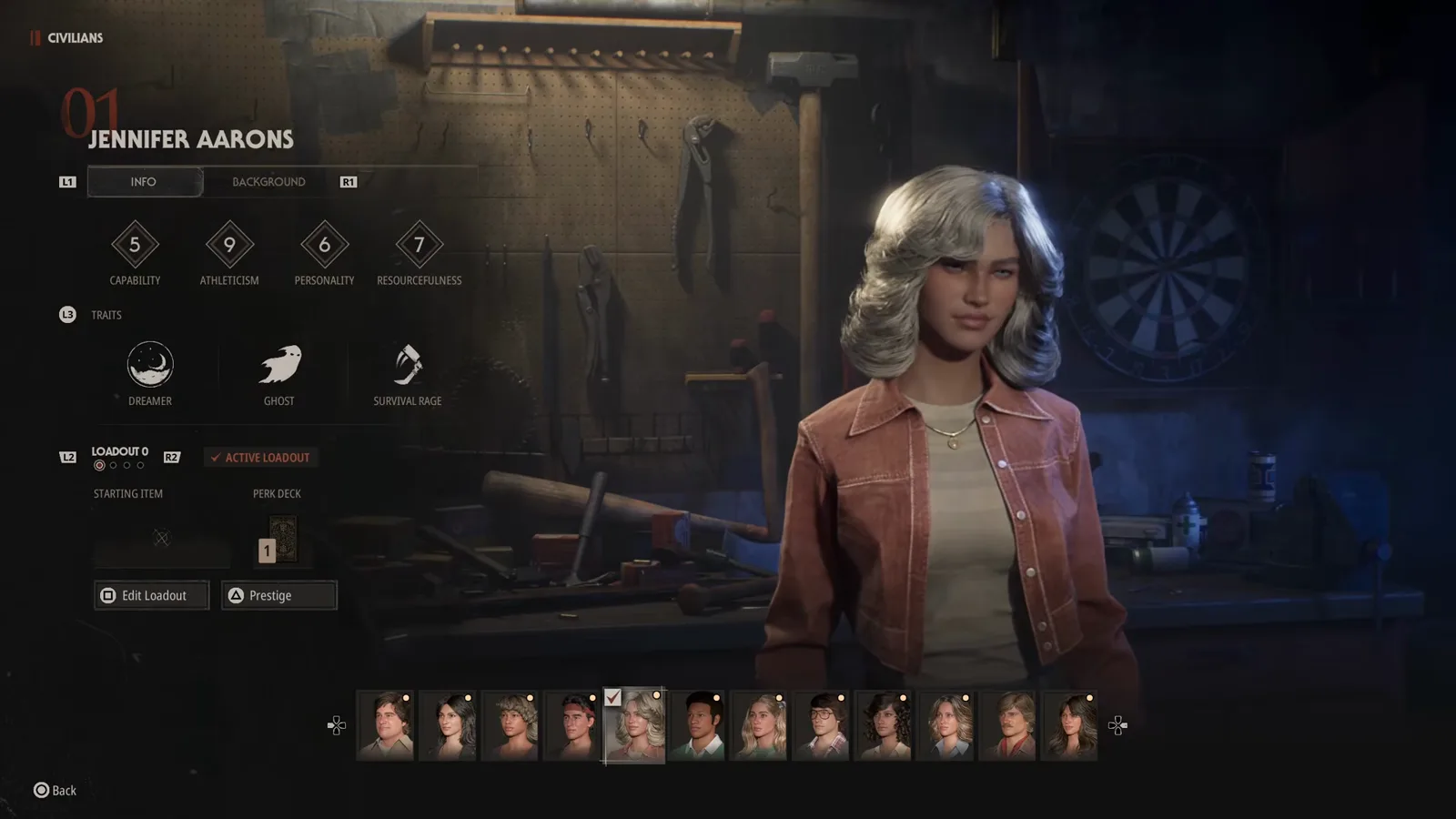 Character screen for Jennifer Aarons in Halloween The Game listing Athleticism 9 as her highest rating alongside the Dreamer, Ghost and Survival Rage traits