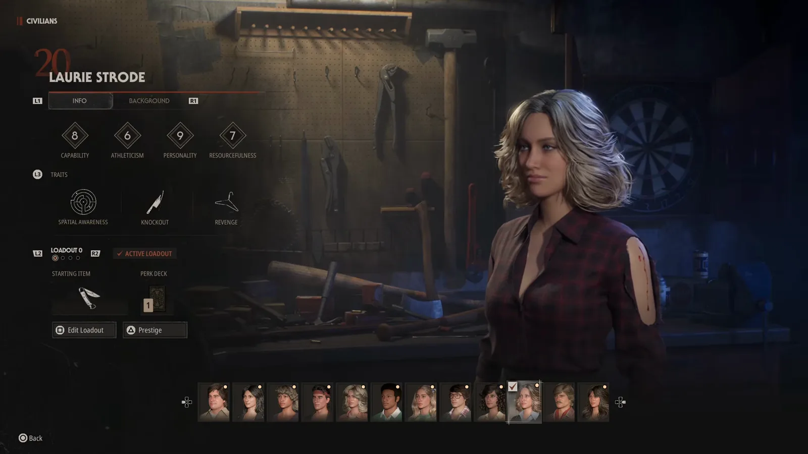 Laurie Strode's character select screen in Halloween The Game with an even spread of Capability 8, Athleticism 6, Personality 9 and Resourcefulness 7 above three trait icons
