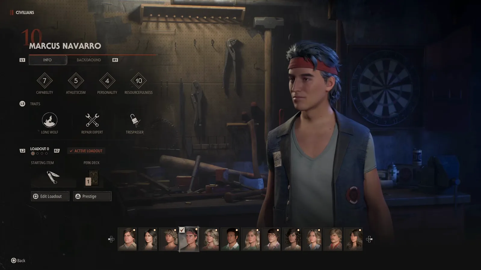 Marcus Navarro on the Civilian roster screen in Halloween The Game, Resourcefulness rated 10 against Capability 7, with Lone Wolf, Repair Expert and Trespasser as his traits