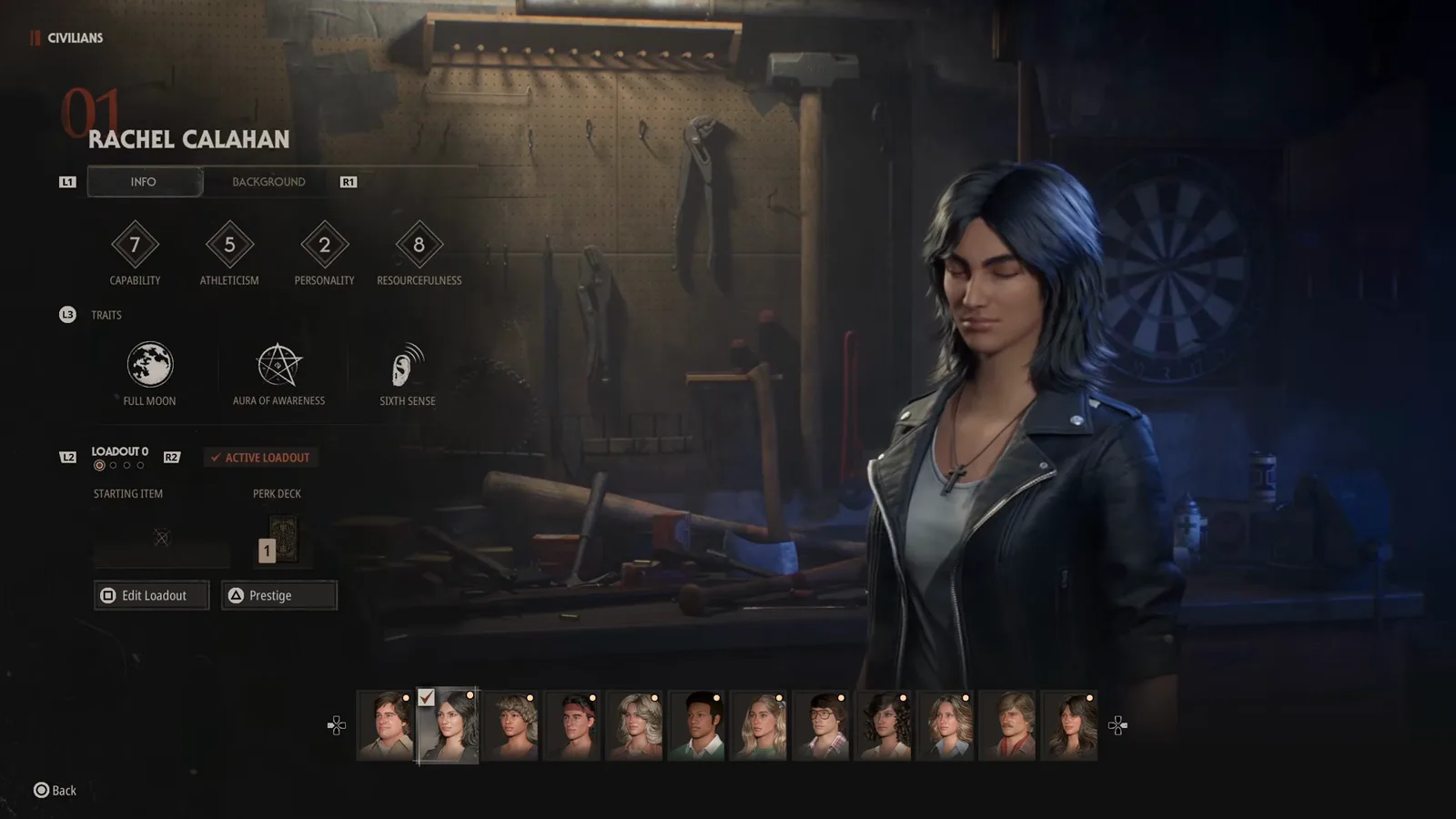 Rachel Calahan character screen showing Capability 7 and Resourcefulness 8 against a Personality rating of 2 beside the Full Moon, Aura of Awareness and Sixth Sense traits