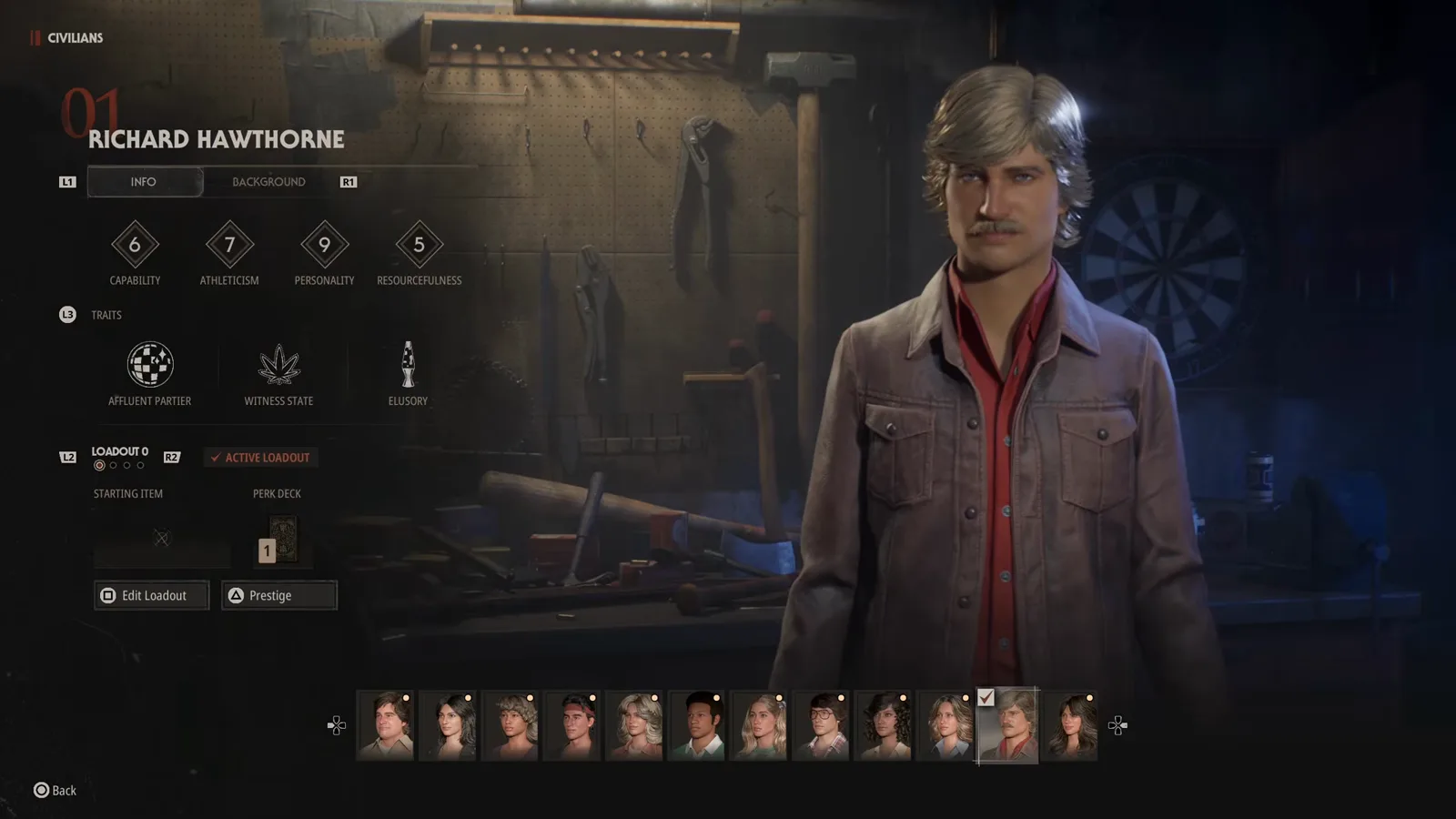 Richard Hawthorne's Civilian info page in Halloween The Game showing a Personality rating of 9 above the Affluent Partier, Witness State and Elusory trait icons