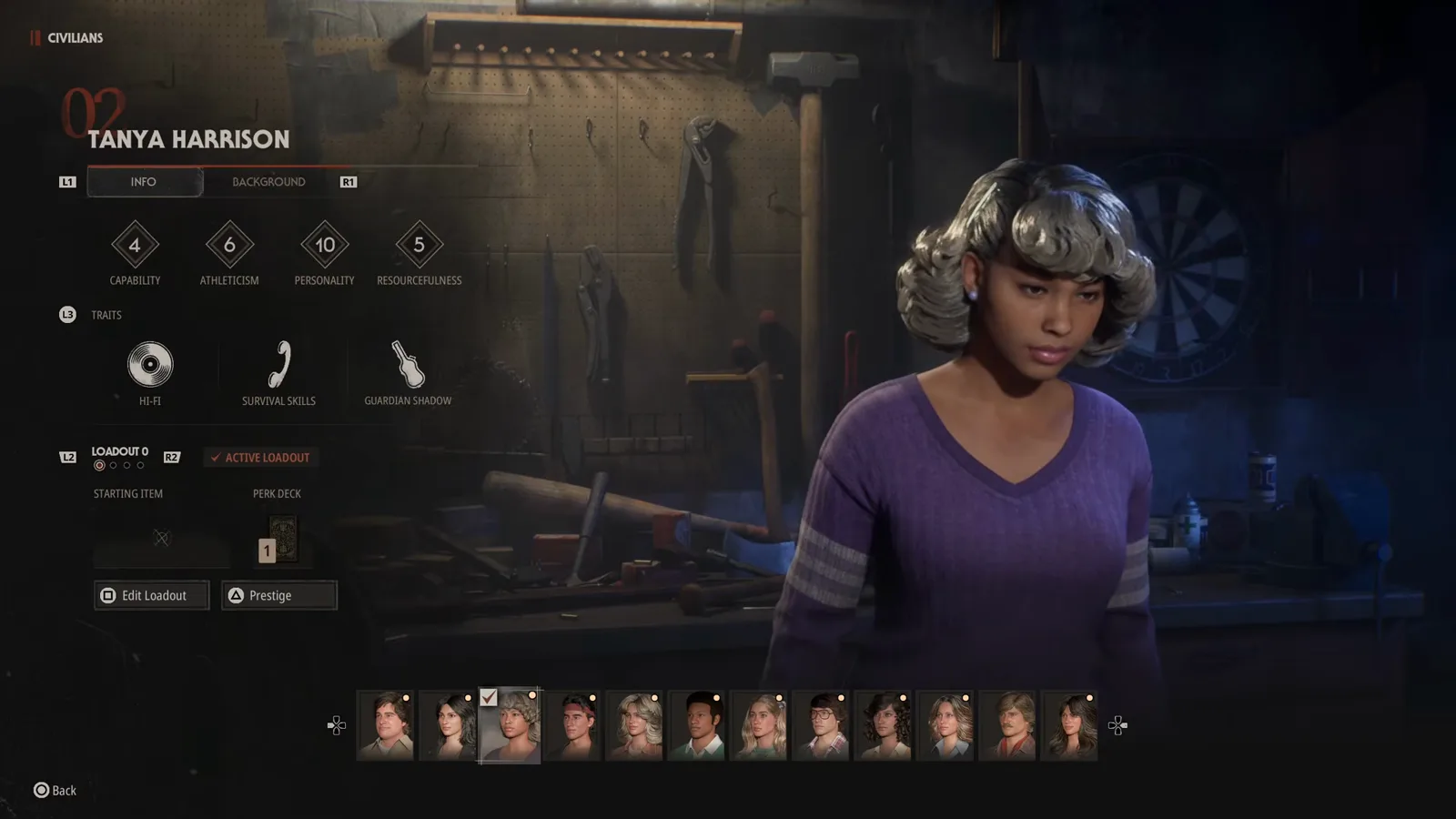 Tanya Harrison's Halloween The Game select screen with a ten-diamond Personality rating and the Hi-Fi, Survival Skills and Guardian Shadow traits named underneath