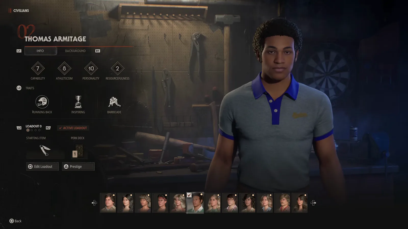 Halloween The Game roster page for Thomas Armitage with Personality maxed at 10, Capability 7 and a Resourcefulness of only 2, plus Running Back, Inspiring and Barricade