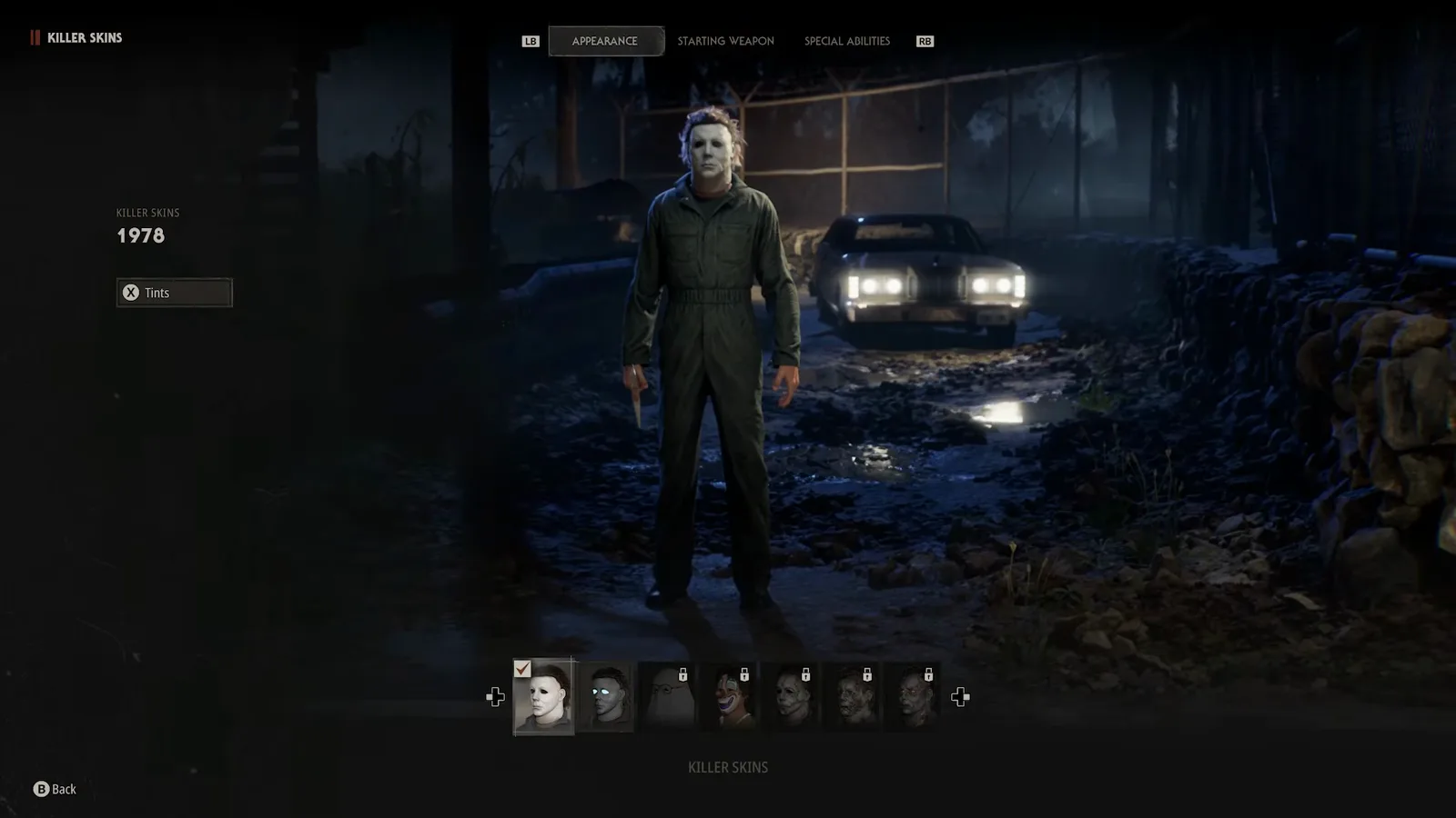 Halloween The Game 1978 Michael Myers skin screen showing a Tints button instead of an unlock requirement line