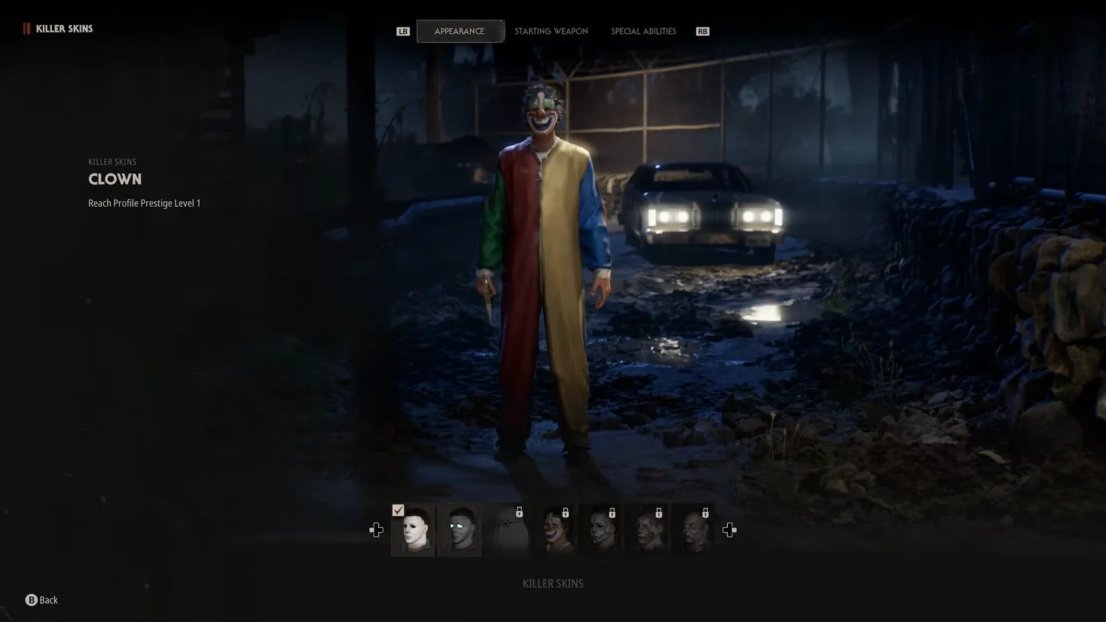 Clown skin requirement line reading Reach Profile Prestige Level 1 on the Halloween The Game killer skins menu