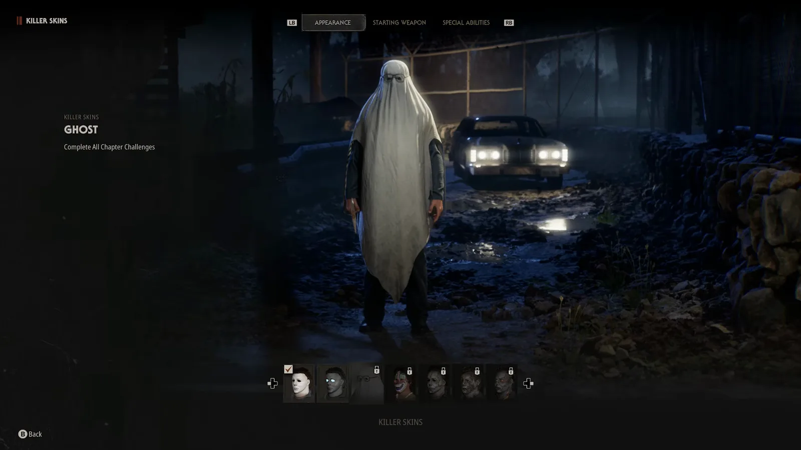 Ghost skin requirement line reading Complete All Chapter Challenges on the Halloween The Game killer skins menu