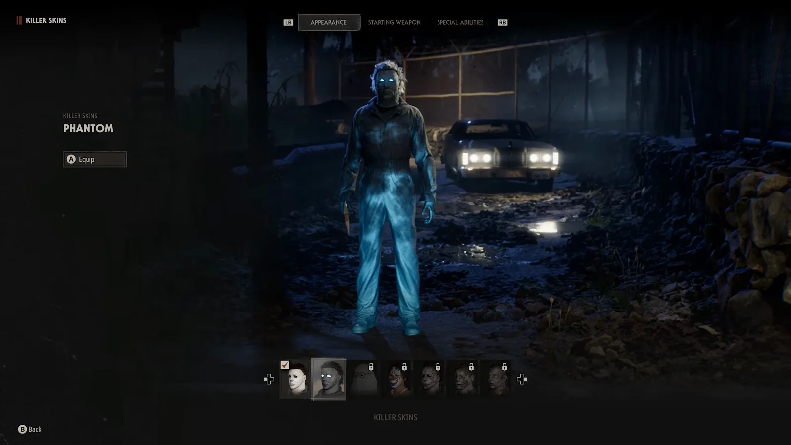 Phantom Michael Myers skin screen in Halloween The Game with an Equip button and no lock icon on its portrait thumbnail