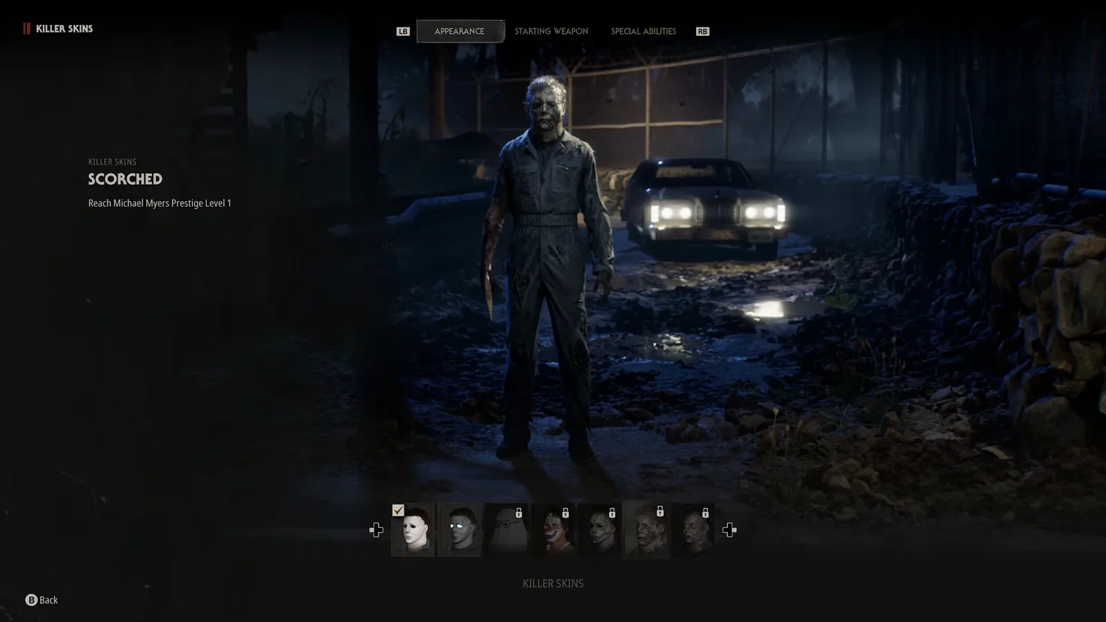 Scorched skin requirement line reading Reach Michael Myers Prestige Level 1 on the Halloween The Game killer skins menu