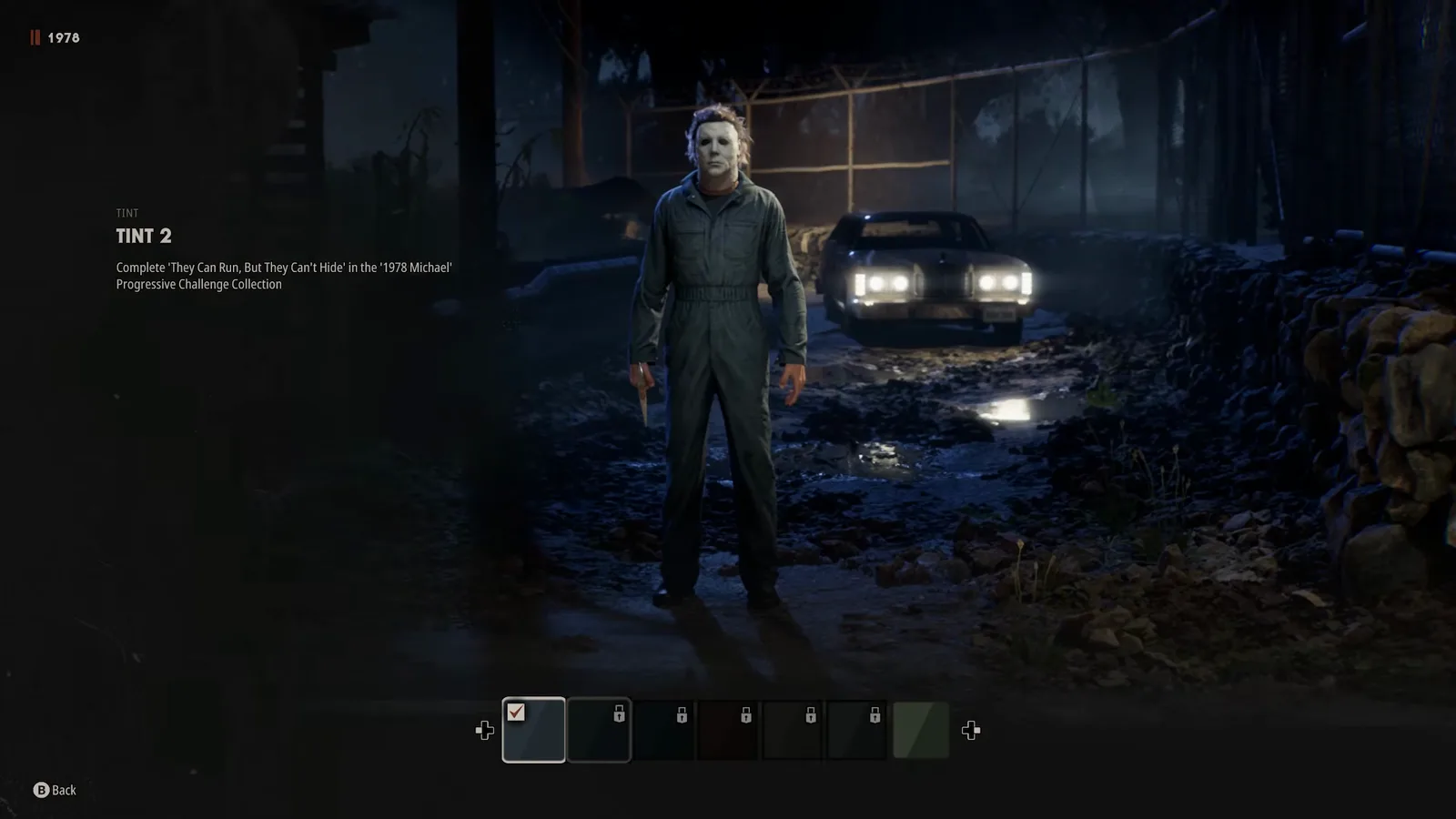 Tint 2 requirement line for the 1978 Michael Myers skin in Halloween The Game naming the They Can Run But They Can't Hide challenge