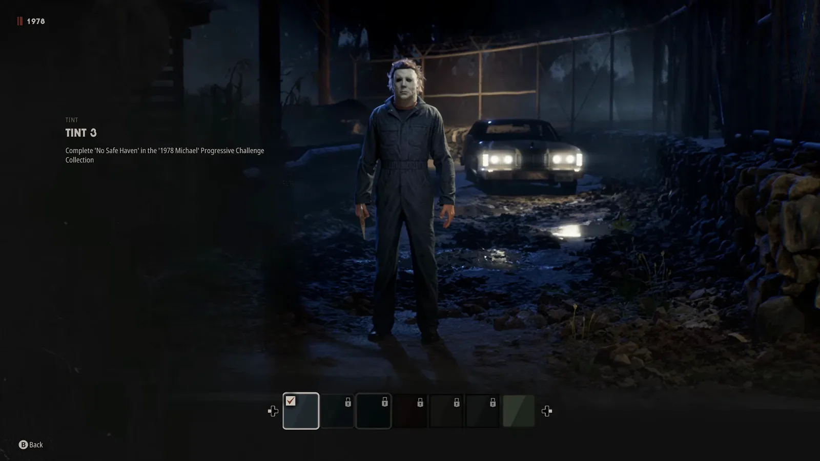 Tint 3 requirement line for the 1978 Michael Myers skin in Halloween The Game naming the No Safe Haven challenge