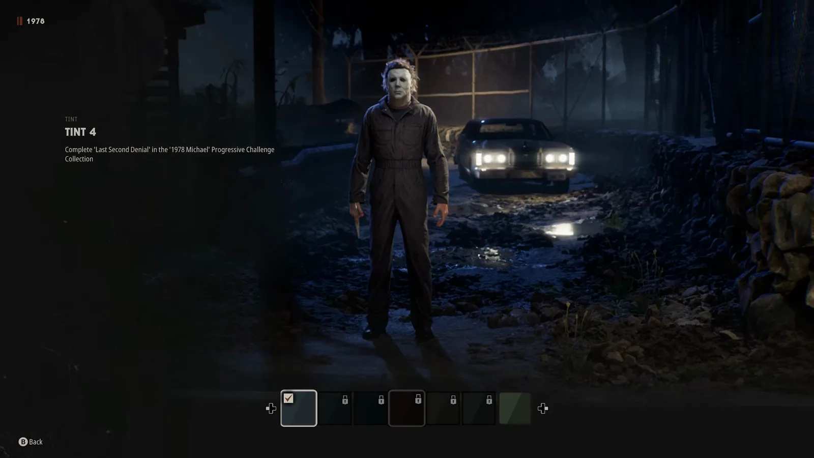 Tint 4 requirement line for the 1978 Michael Myers skin in Halloween The Game naming the Last Second Denial challenge