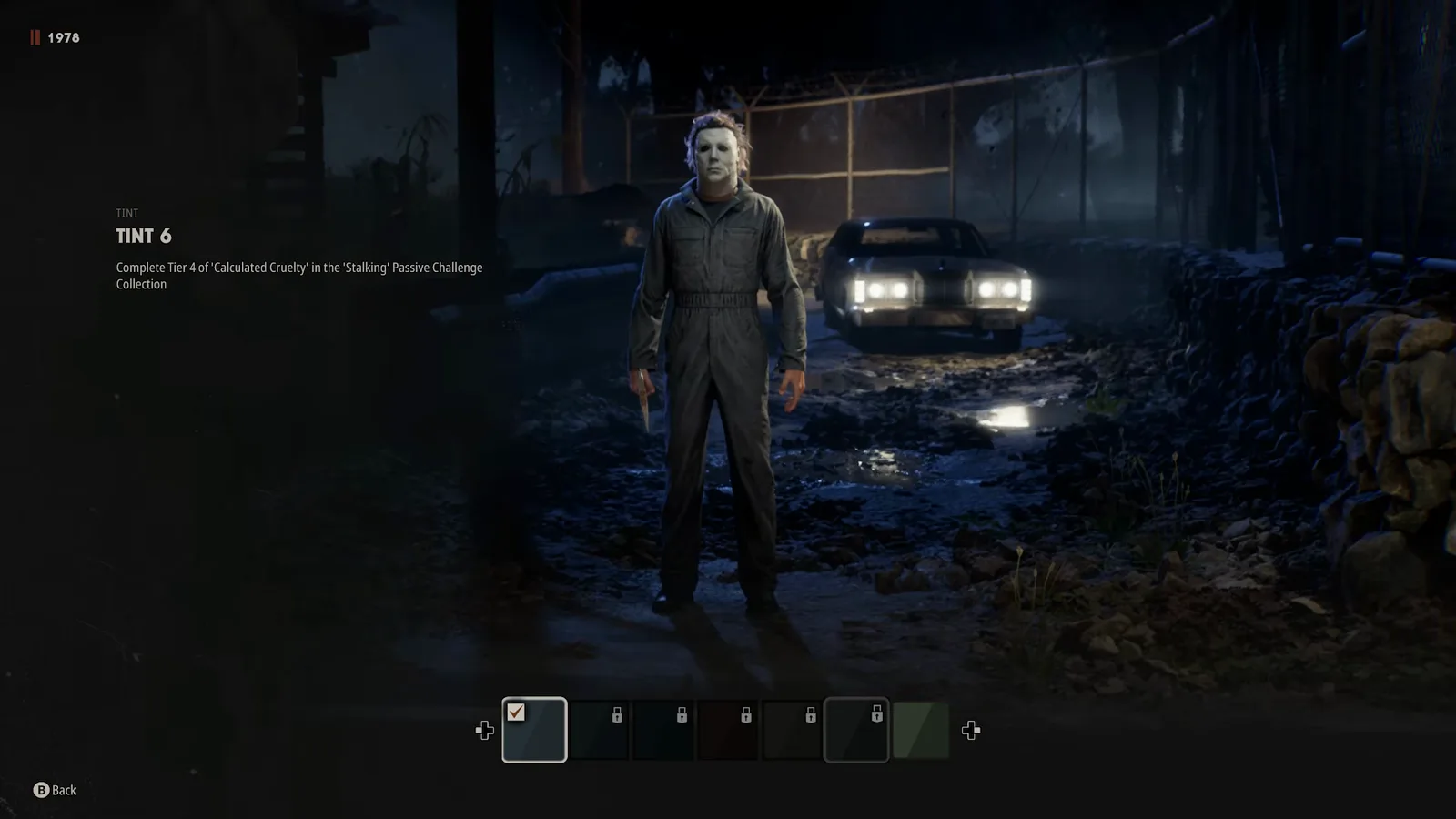 Tint 6 requirement line for the 1978 Michael Myers skin in Halloween The Game naming tier four of Calculated Cruelty