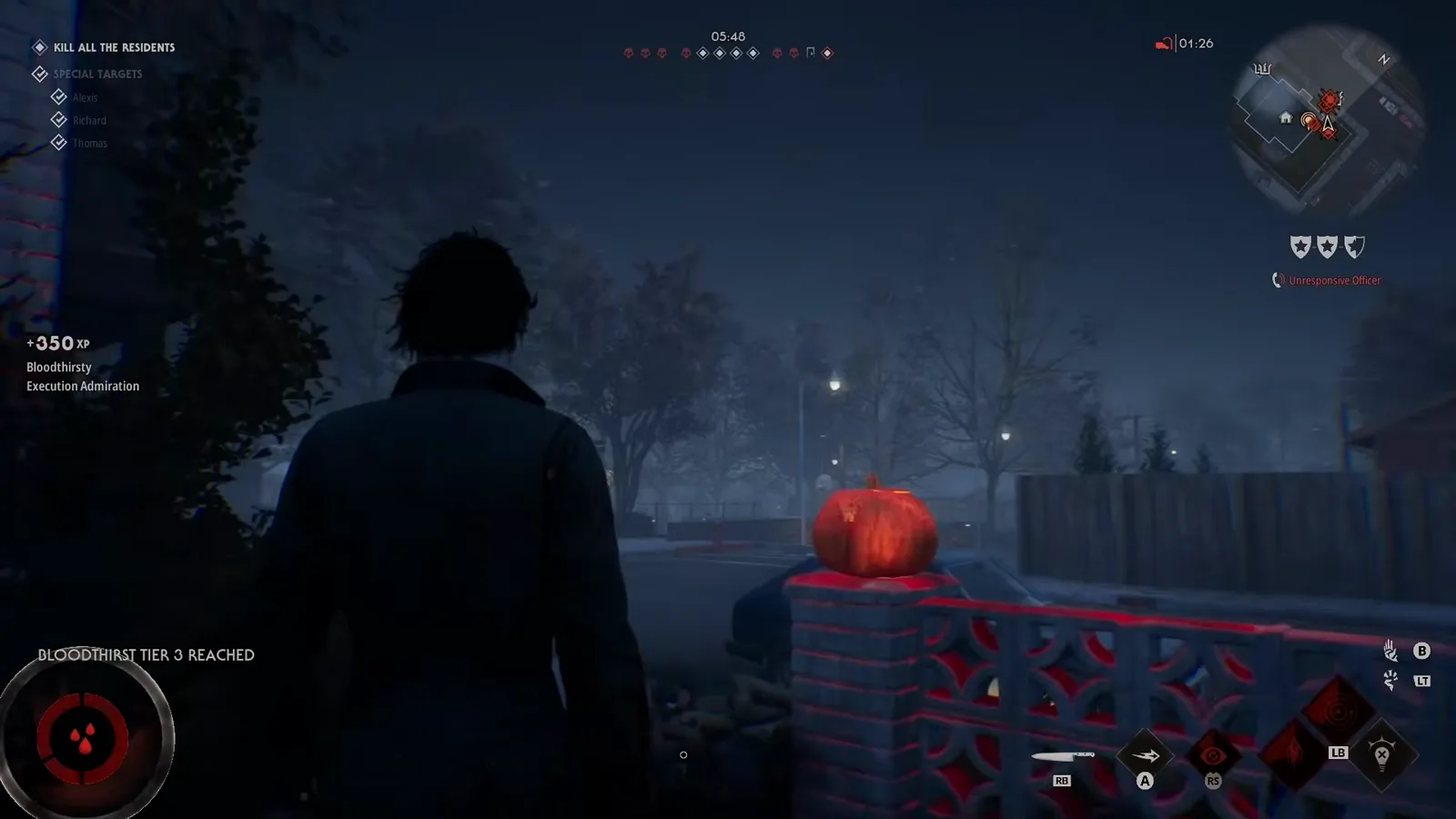 Michael Myers on a porch beside a glowing jack o lantern as the Bloodlust Tier Three notification fills the HUD