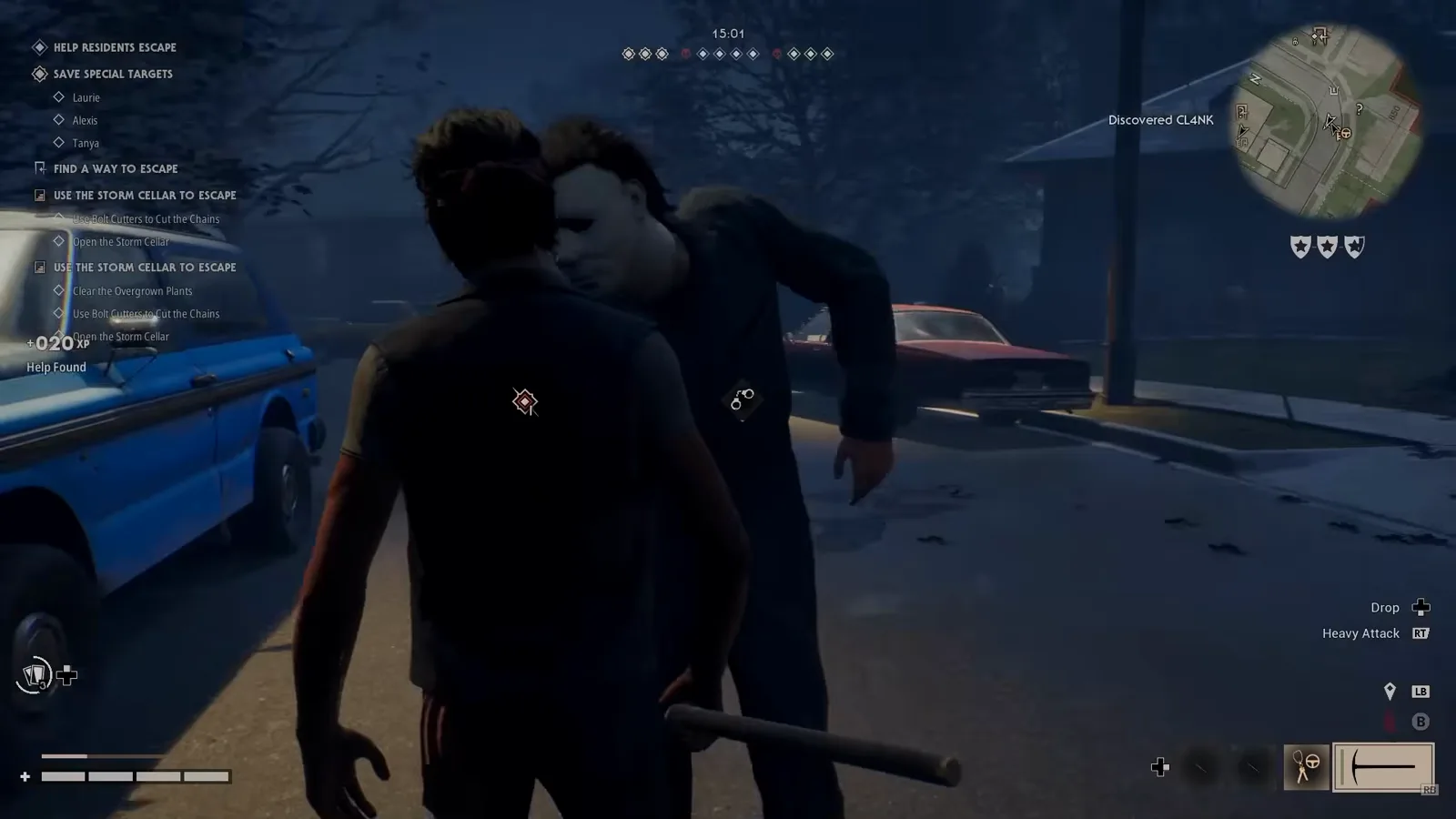 Michael Myers grabbing a survivor on a Haddonfield street while two other civilians and a police car stay nearby