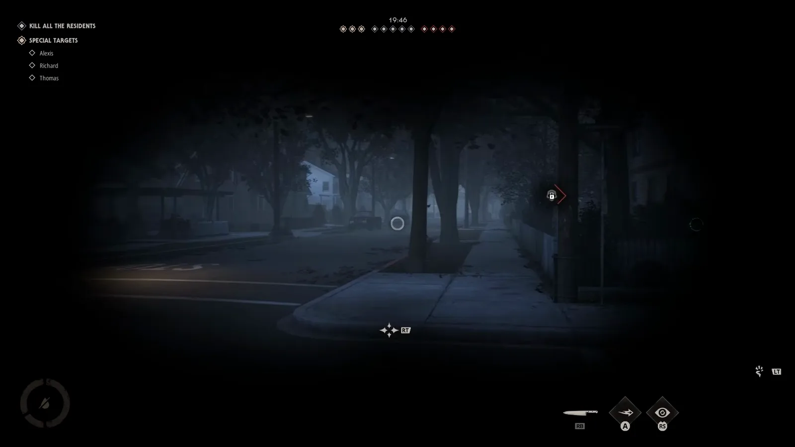 Halloween The Game stalk scope looking down a foggy street at a house whose porch lights are switched on