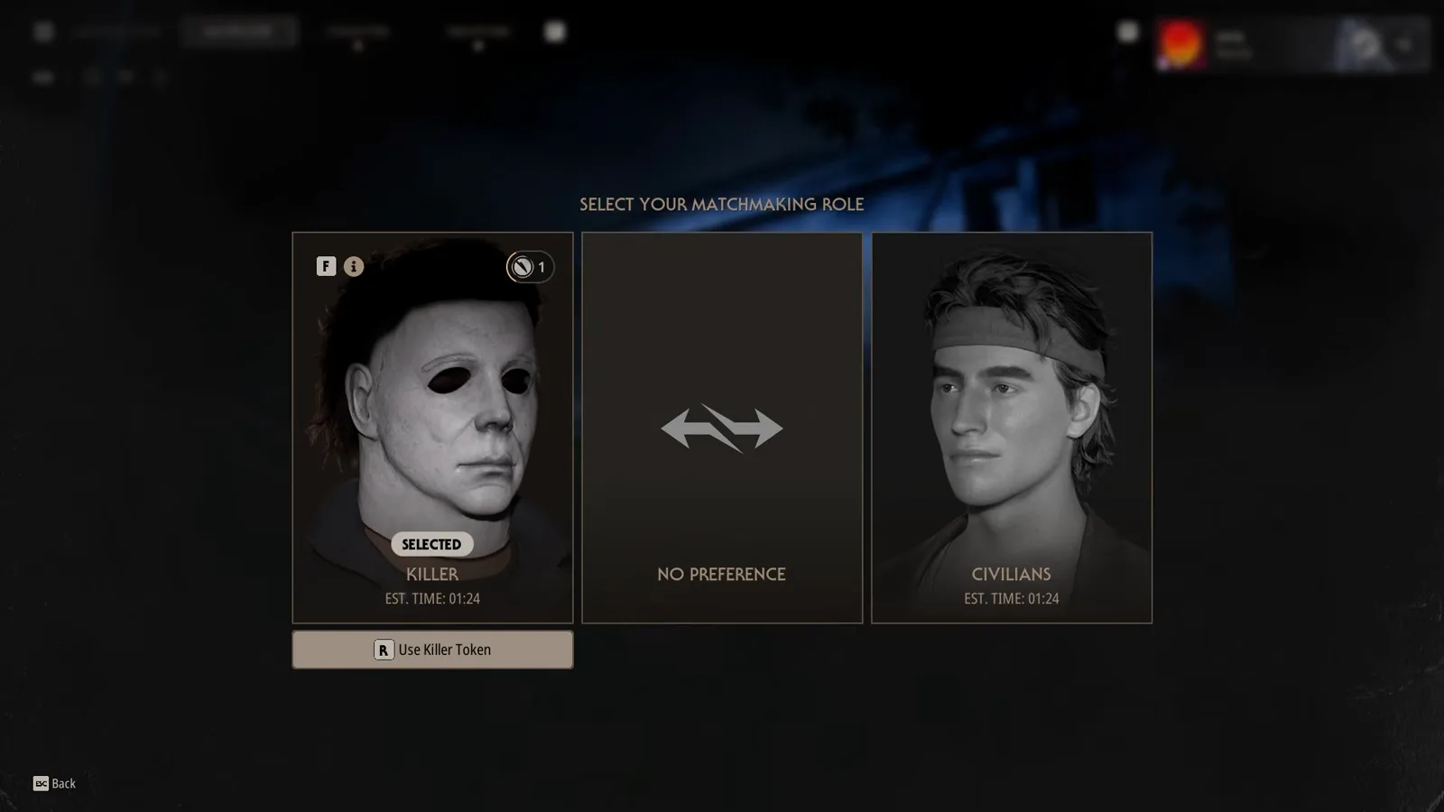 Halloween The Game matchmaking screen offering Killer or Civilian roles with a Use Killer Token button beneath