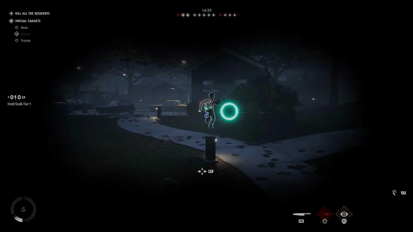 Halloween The Game killer view of a running civilian beside a glowing green Reality Tear portal on a dark street