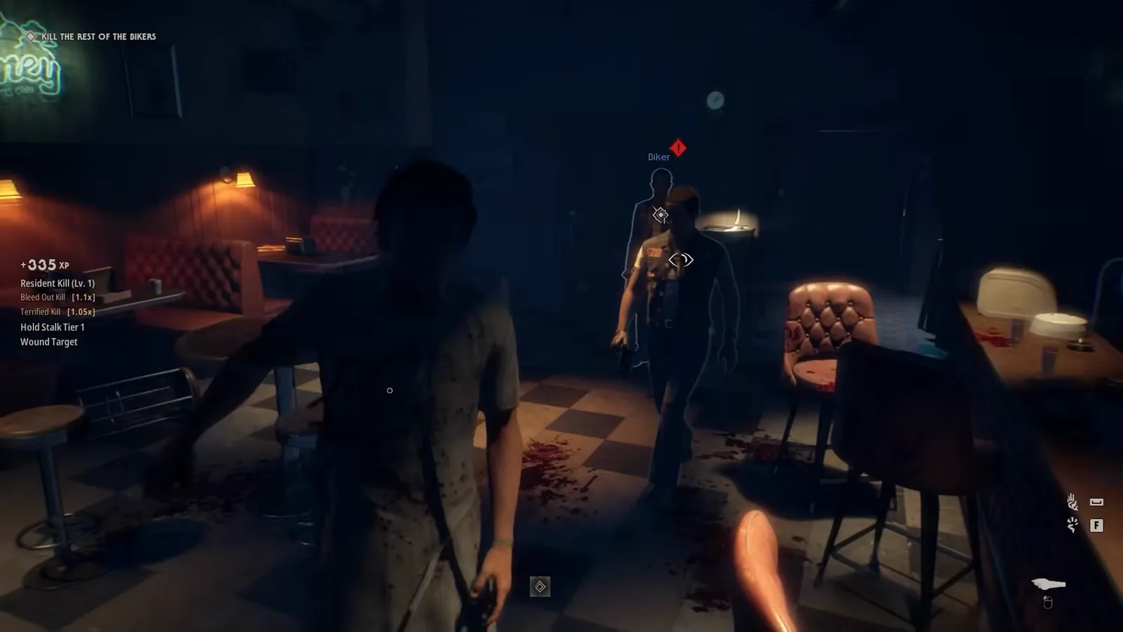 Halloween The Game campaign diner with a stalking reticle locked on an unaware biker NPC and resident kill XP