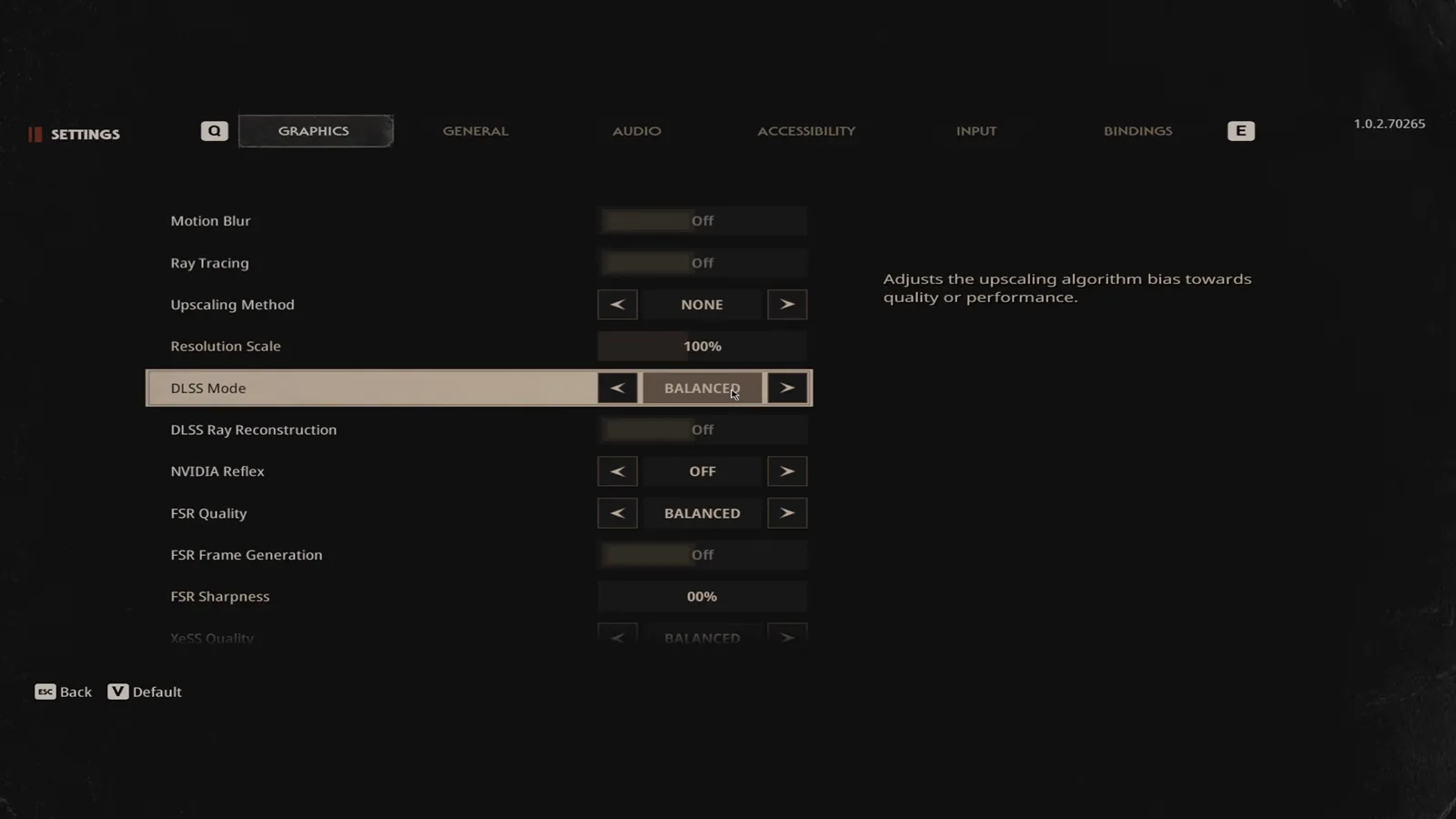 DLSS Mode row selected at balanced in the Halloween The Game graphics menu with the description about biasing the upscaling algorithm towards quality or performance