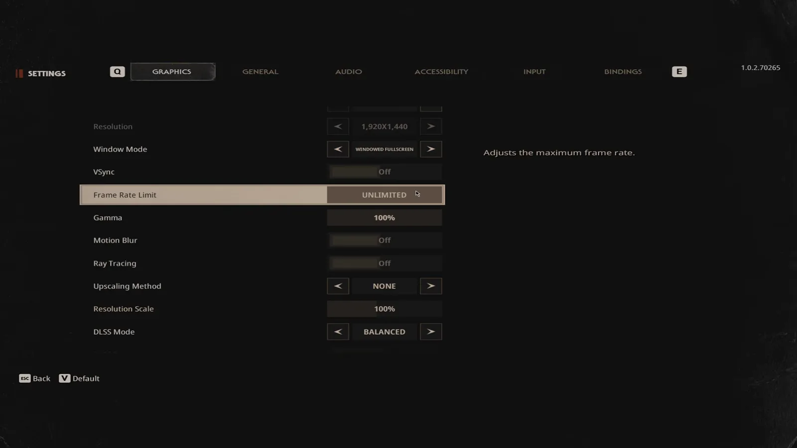 Halloween The Game graphics settings showing the frame rate limit row selected at unlimited with the on screen description that it adjusts the maximum frame rate