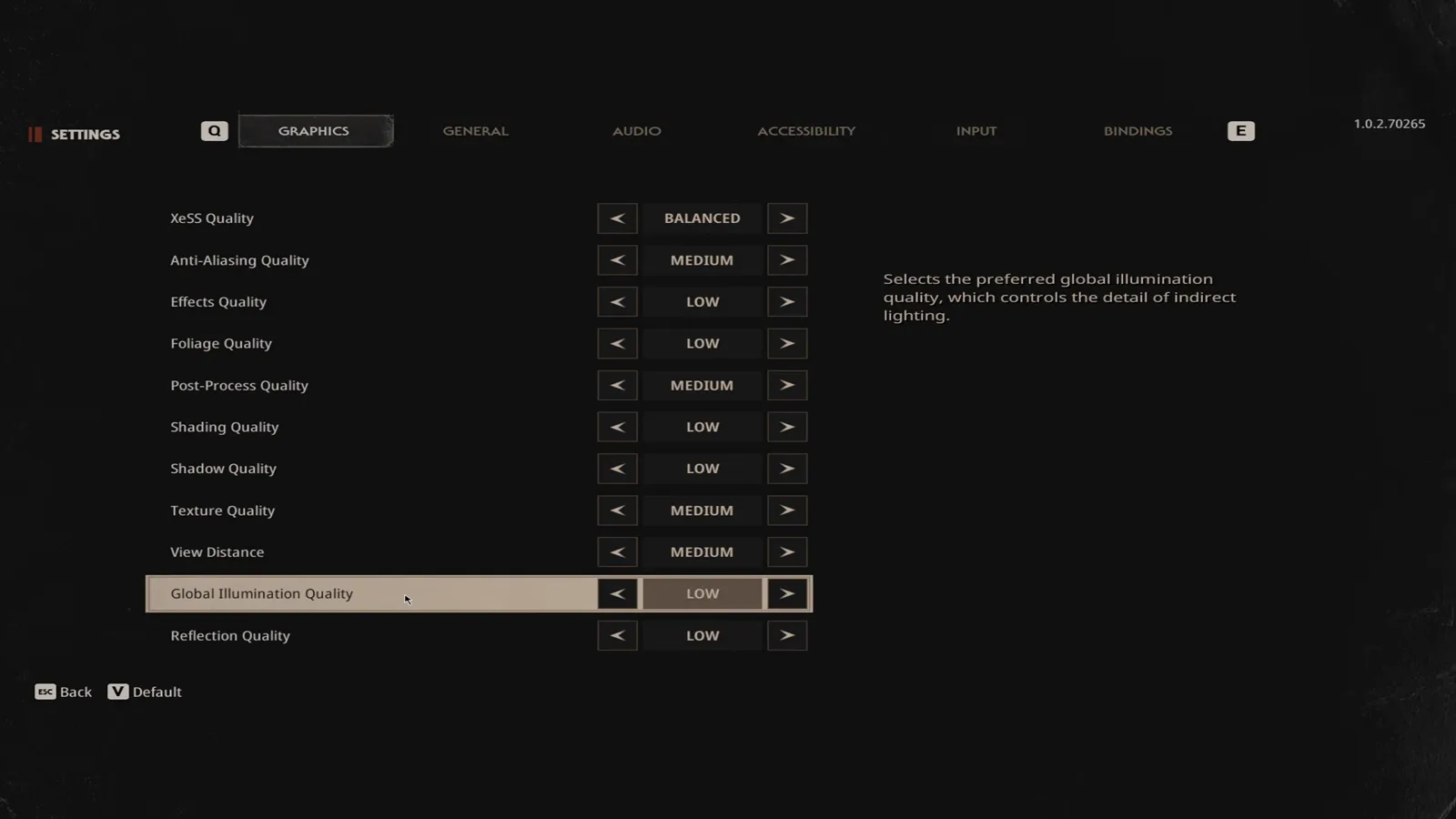 Global Illumination Quality selected at low on the Halloween The Game graphics page with the on screen note that it controls the detail of indirect lighting