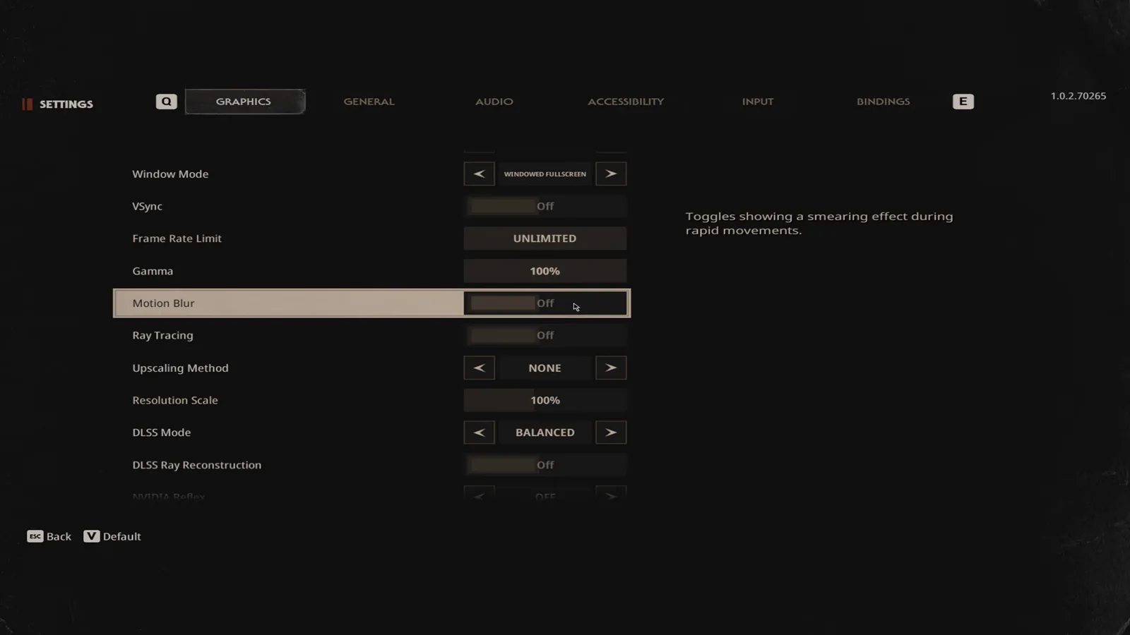 Motion Blur row highlighted in the Halloween The Game graphics settings menu at off with the built in note describing a smearing effect during rapid movements