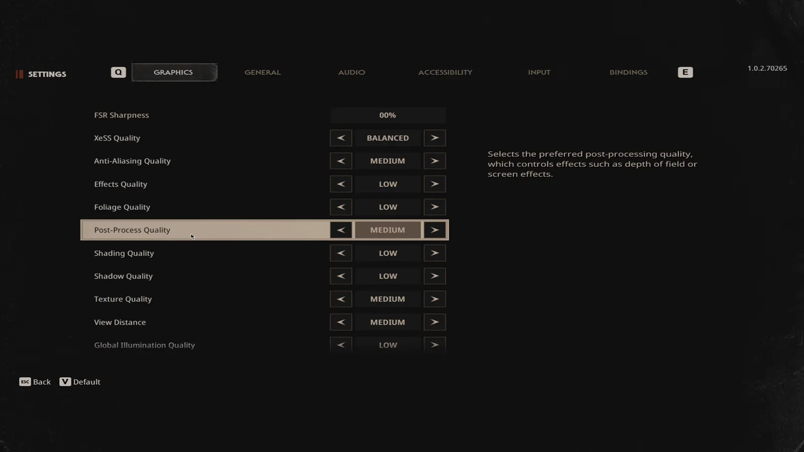 Post Process Quality highlighted at medium in the Halloween The Game settings list showing shading and shadow quality both set to low beneath it