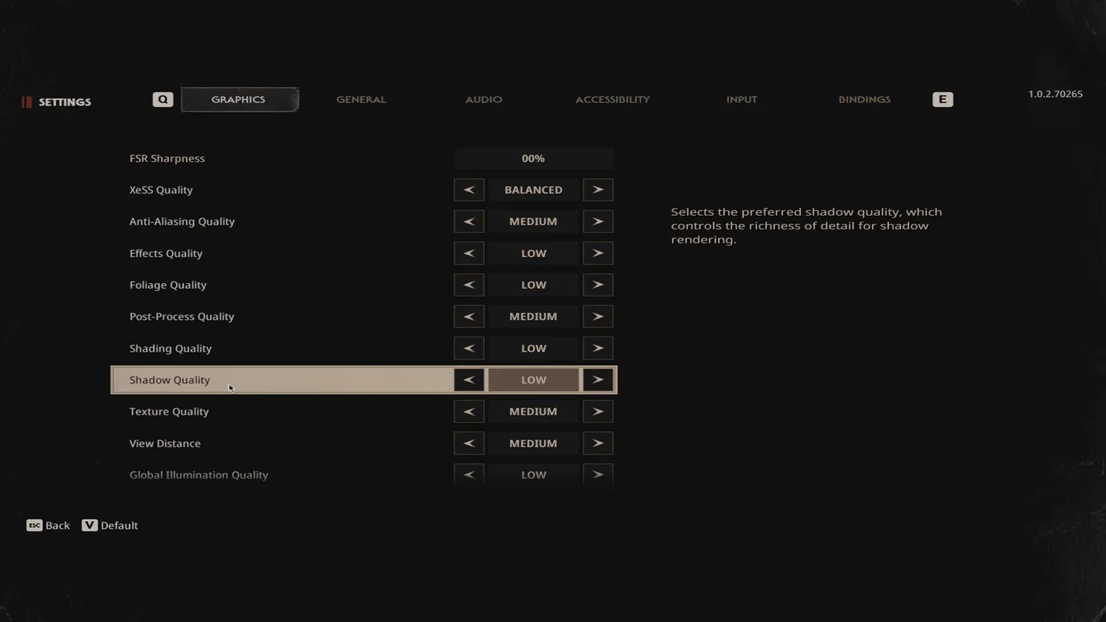 Shadow Quality highlighted at low in the Halloween The Game options menu while texture quality and view distance stay at medium below it