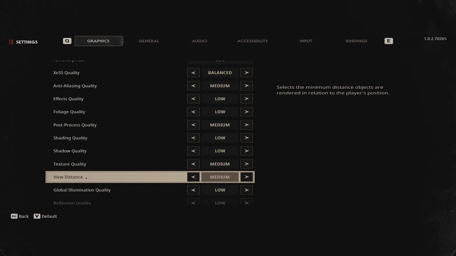 View Distance option selected at medium at the foot of the Halloween The Game graphics list with global illumination and reflection quality set to low underneath