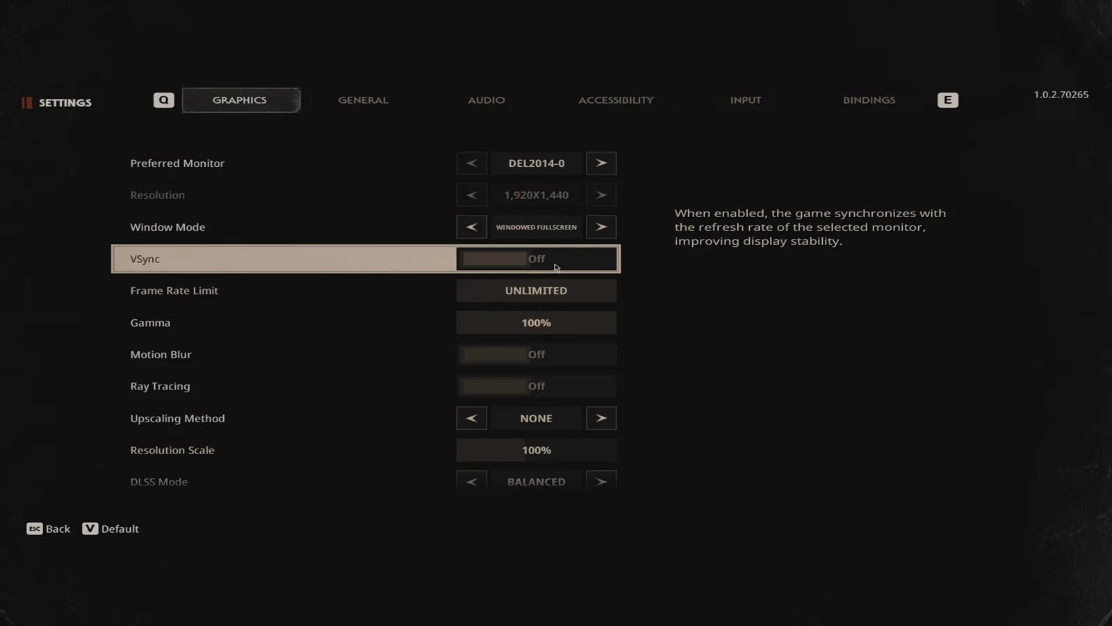 The Halloween The Game settings graphics tab on PC build 1.0.2.70265 with VSync highlighted and the menu listing resolution window mode frame rate limit gamma motion blur and ray tracing
