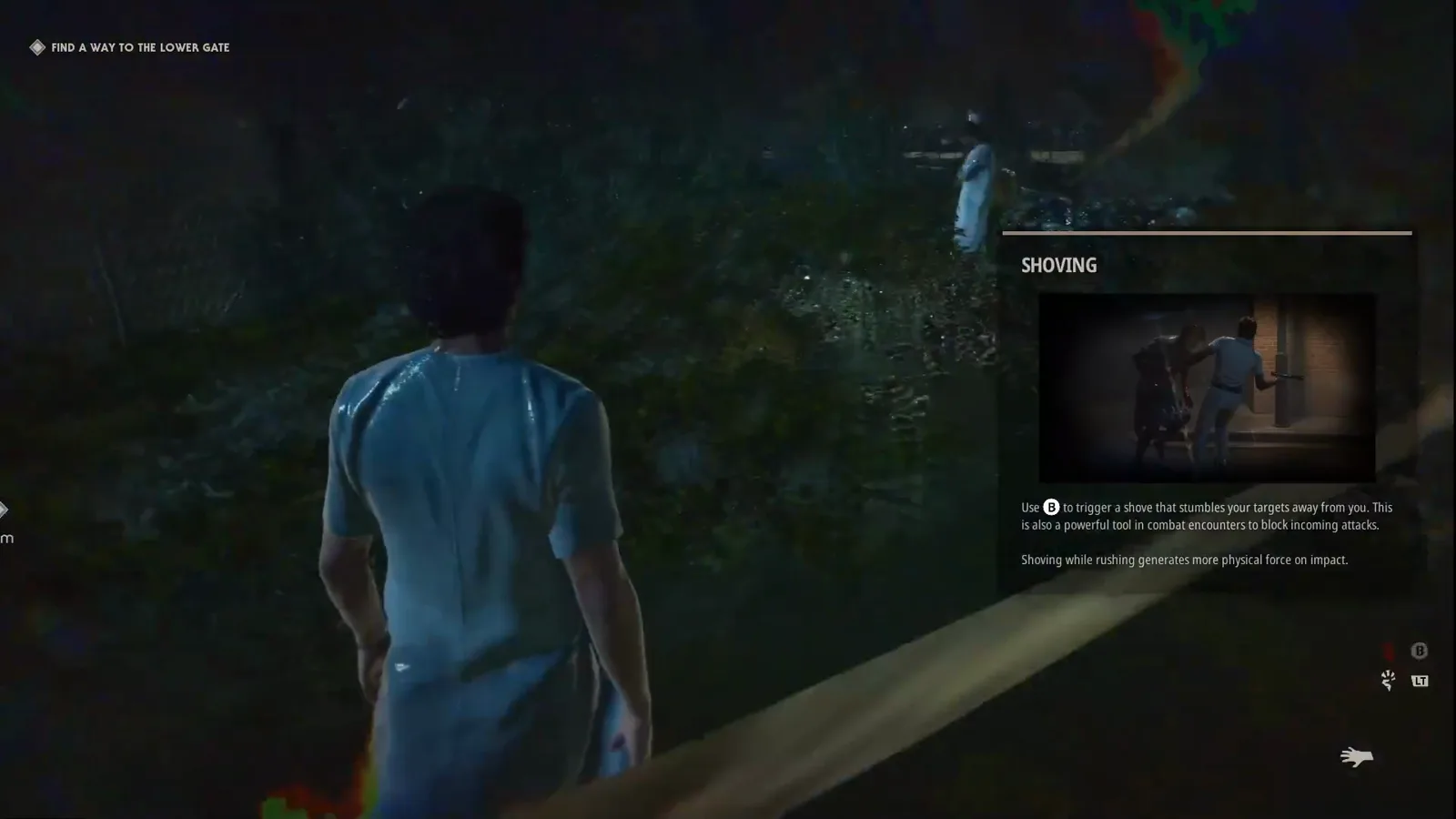 Michael Myers in a hospital patient gown moving through the storm-dark grounds of Smith's Grove while a Shoving tutorial card and the Find a Way to the Lower Gate objective sit on screen