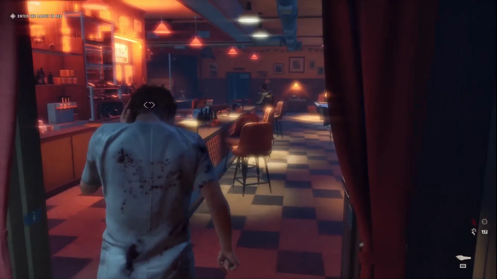 Michael Myers in a blood-spotted patient gown stepping into the warm neon interior of the Rabbit in Red diner with booths, a bar and a checkered floor while the Enter the Rabbit in Red objective shows top-left