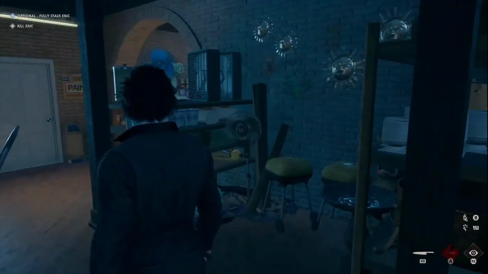 Michael Myers in dark coveralls standing in the dim back room of a hardware store with a PAINT sign and stools while the Kill Eric and optional Fully Stalk Eric objectives appear top-left