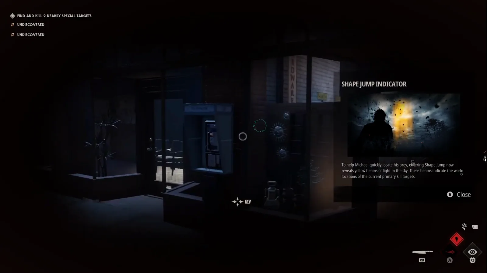 A Shape Jump Indicator tutorial card explaining yellow light beams over the dark hardware storefront while the Find and Kill 2 Nearby Special Targets objective and undiscovered markers fill the top-left