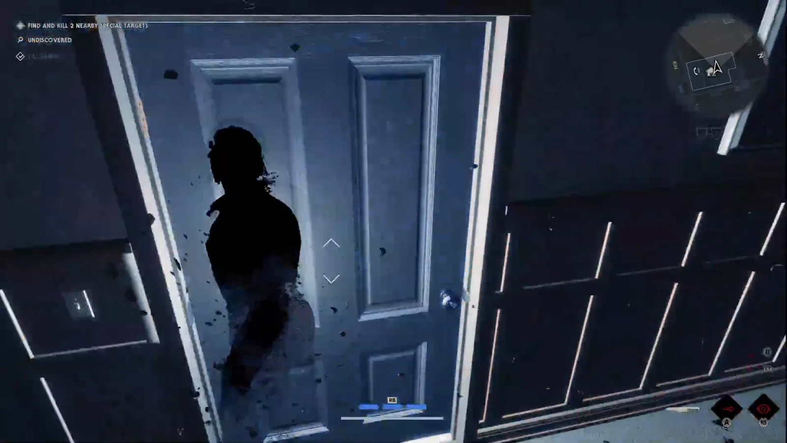 Michael Myers bursting through a set of white interior double doors with splintering debris as the Find and Kill 2 Nearby Special Targets objective and a top-right minimap frame the shot