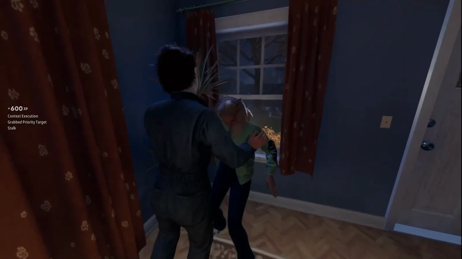 Michael Myers holding a struggling blonde victim in a green jumper against a curtained window while the left HUD shows Context Execution, Grabbed Priority Target and Stalk experience