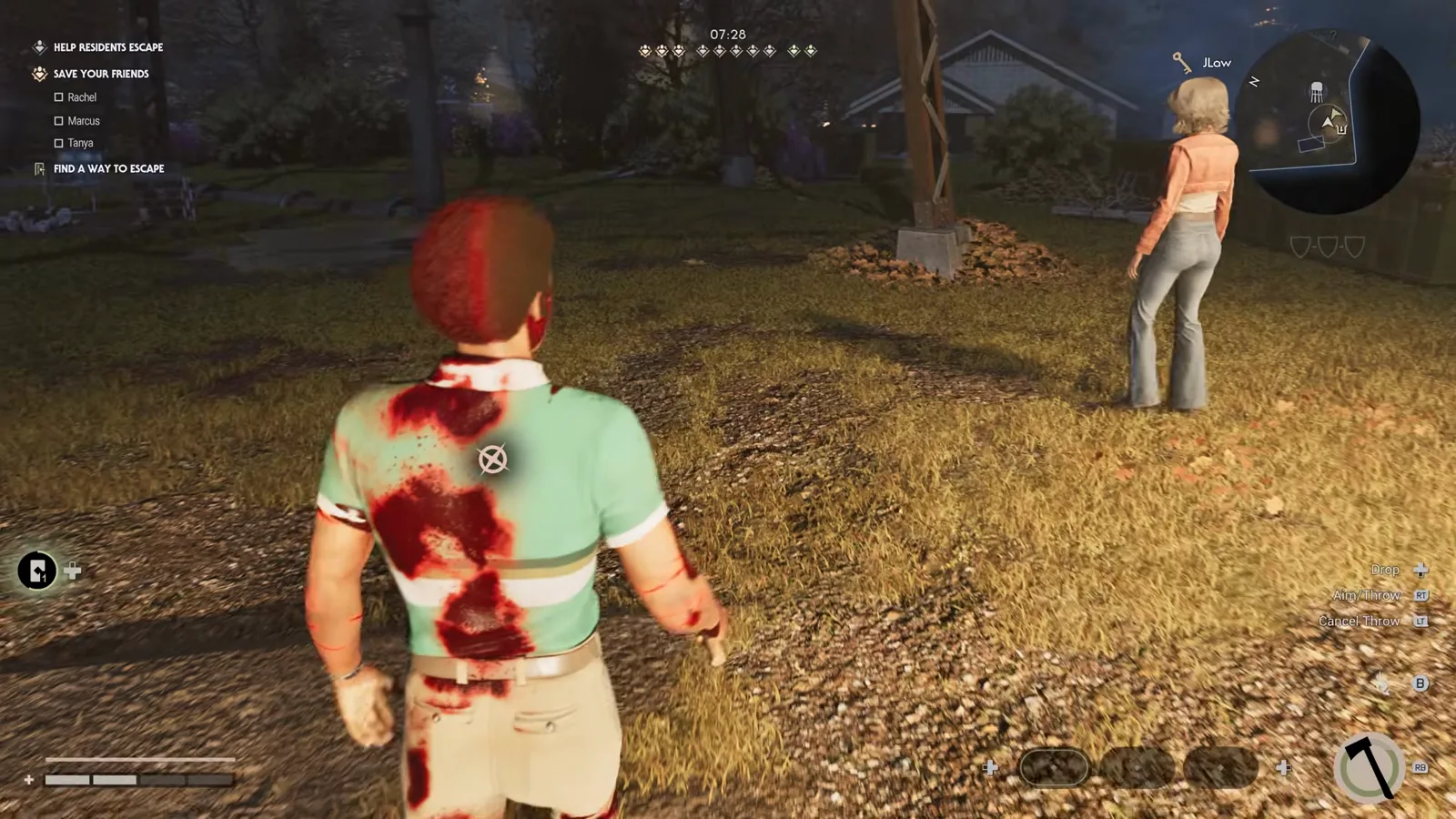 Civilian survivor stealthily scouting along a dark residential property fence with the Find a Way to Escape objective active