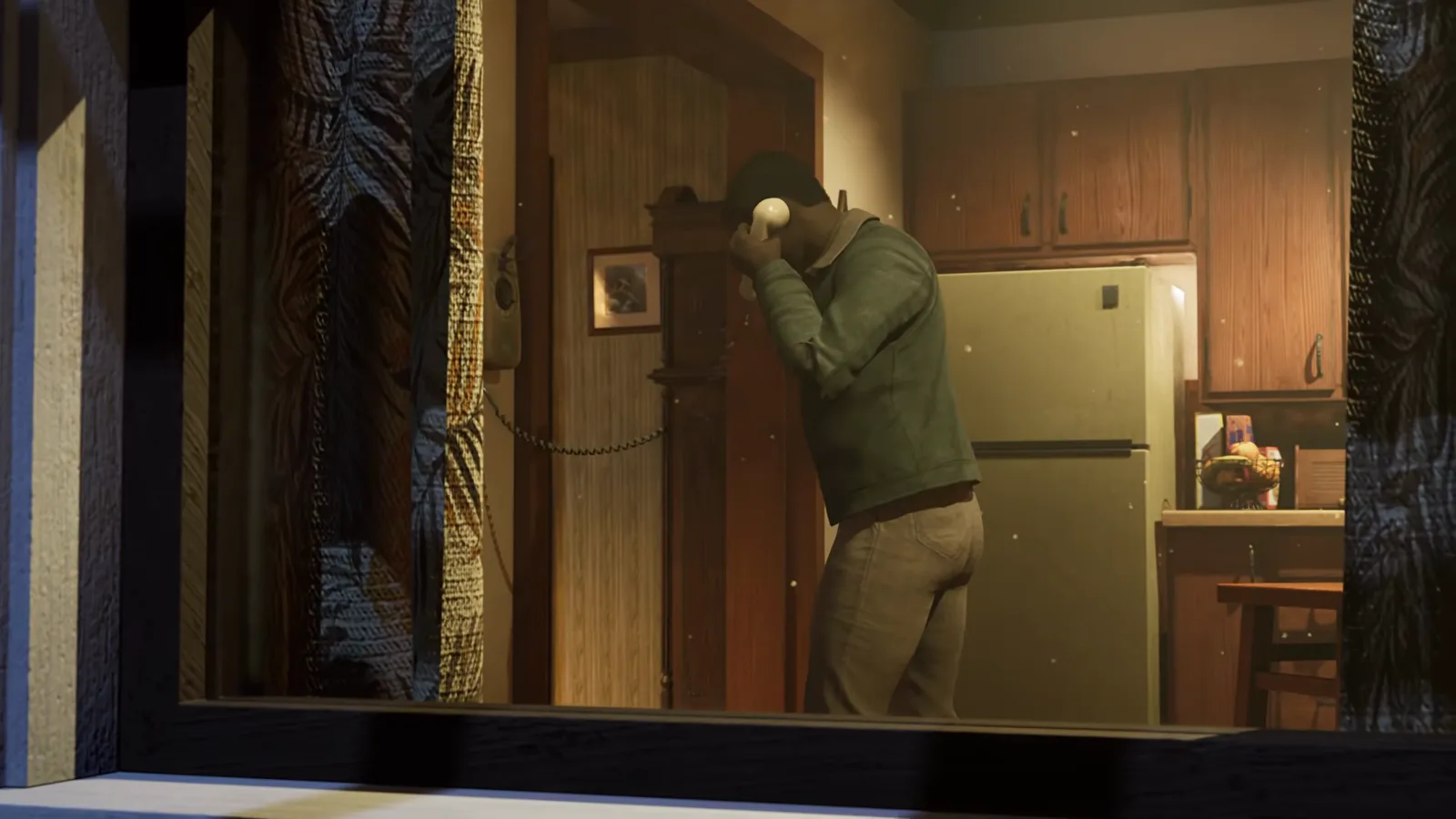 Male civilian survivor communicating with a resident in a vintage Haddonfield kitchen