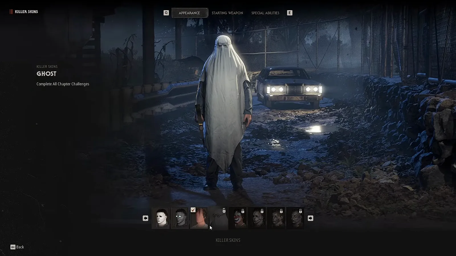 The Halloween: The Game KILLER ICON panel for the GHOST skin stating the unlock requirement Complete All Chapter Challenges